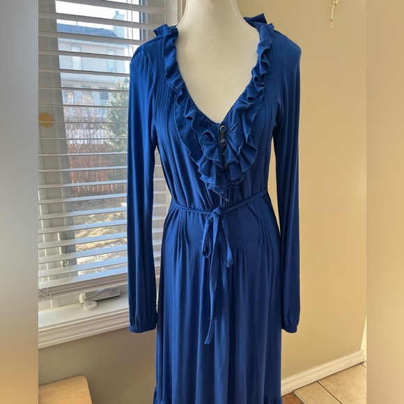 [10]VTG Together Blue Ruffled V-Neck Tiered Midi Dress - Picture 1 of 16